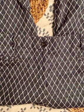 Dark Blue/Green Diamond-Grid Size 10 Pants with White Stitching and Pink Dots